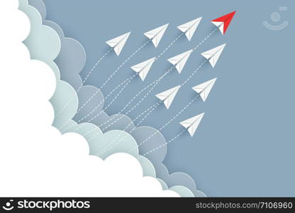 paper airplane red and white are fly up to the sky between cloud natural landscape go to target. startup. leadership. concept of business success. creative idea. illustration vector cartoon