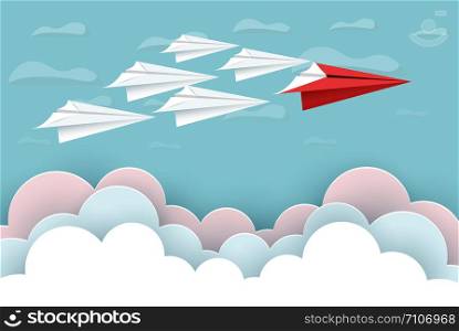 paper airplane red and white are fly up to the sky between cloud natural landscape go to target. startup. leadership. concept of business success. creative idea. illustration vector cartoon
