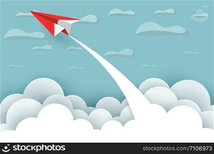 paper airplane red fly up to the sky between cloud natural landscape go to target. startup. leadership. concept of business success. creative idea. illustration vector cartoon
