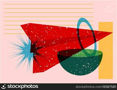 Paper Airplane with colorful geometric shapes. Object in trendy riso graph design. Geometry elements abstract risograph print texture style.