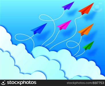 Paper airplanes,blue sky and clouds. Vector illustration. Paper art style