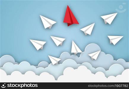 Paper airplanes flying from clouds on blue sky. Leadership, teamwork, motivation, Business, stand out of the crowd concept. paper art design and craft style.. Paper airplanes flying from clouds on blue sky
