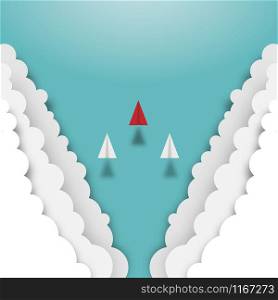 Paper airplanes flying from clouds on sky. Business teamwork creative concept idea, Vision, Achievement, Leadership, Vector illustration flat