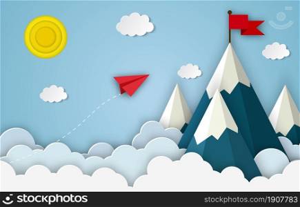 Paper airplanes flying to the top of mountains. Business, stand out of the crowd concept. paper art design and craft style.. Paper airplanes flying to the top of mountains.