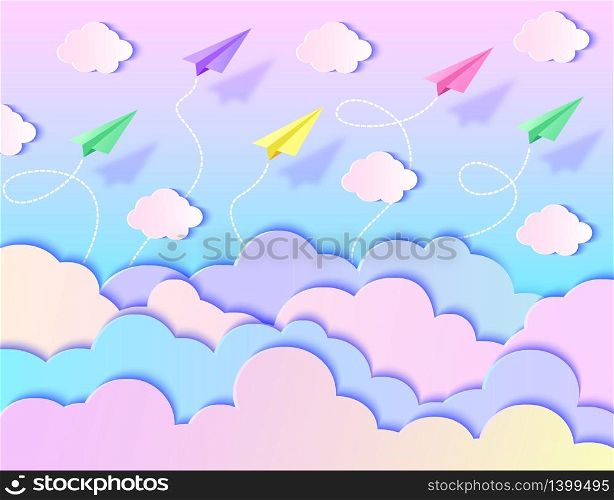 Paper airplanes, sky and clouds. Vector illustration. Paper art style