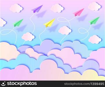 Paper airplanes, sky and clouds. Vector illustration. Paper art style