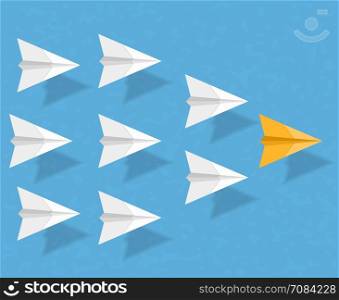 Paper Airplanes. Yellow paper airplane as a leader among white airplanes, leadership, teamwork, motivation, stand out of the crowd concept, vector eps10 illustration