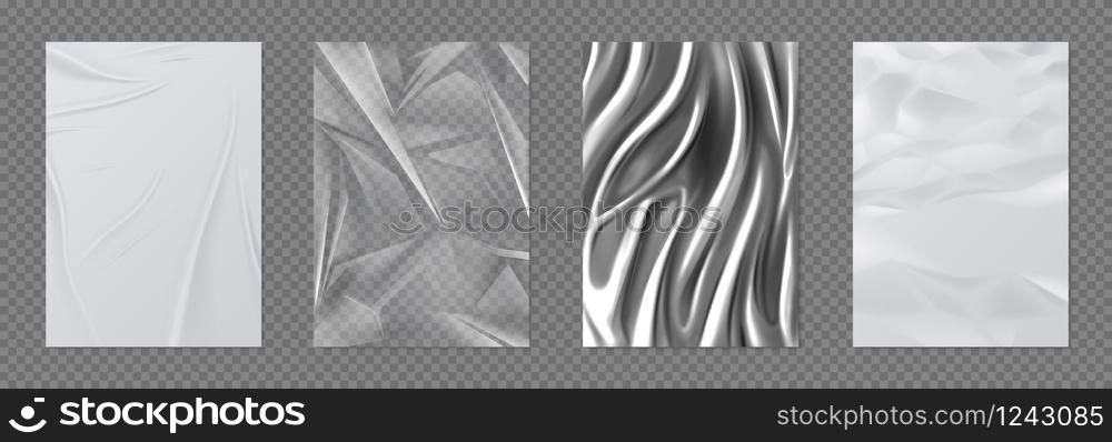 Paper and foil set. Crumpled white paper and transparent plastic tape, silver foil realistic textures. Vector 3D shiny metal and wet paper, silky fabric. Paper and foil set. Crumpled white paper and transparent plastic tape, silver foil realistic textures. Vector 3D metal and wet paper