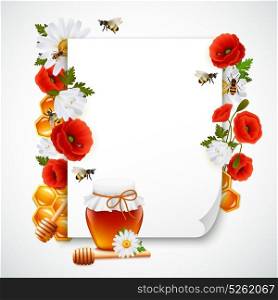 Paper And Honey Composition. Paper and honey composition with floral patterns honeycomb and different stylish elements around white paper sheet vector illustration