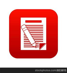 Paper and pencil icon digital red for any design isolated on white vector illustration. Paper and pencil icon digital red
