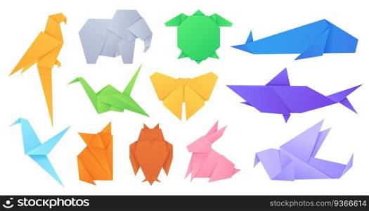 Paper animals. Japanese origami folded toys birds, fox, butterfly, parrot and hare. Cartoon geometric wild animal shaped figures vector set. Illustration origami bird animal, paper toy folded. Paper animals. Japanese origami folded toys birds, fox, butterfly, parrot and hare. Cartoon geometric wild animal shaped figures vector set