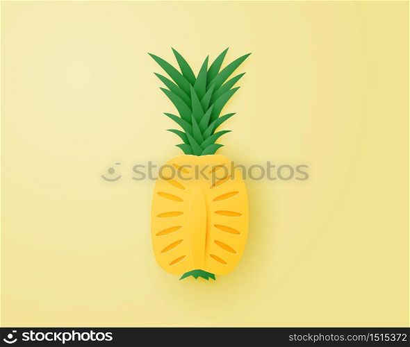 Paper art and craft made Sliced pineapple on yellow background.