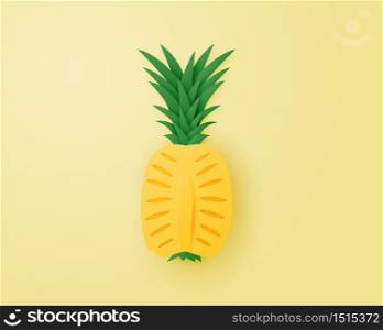 Paper art and craft made Sliced pineapple on yellow background.