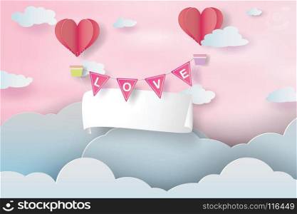 Paper art and craft of happy Valentine Day,Paper signboard air balloon heart floating on sky background,cloudscape,pink.Vector illustration