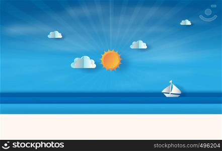 Paper art and craft of illustration summer sea view with sunset,summer time season concept,Boat floating in the sea on blue sky.Graphic design Seaside landscape ,Paper cut style digital idea,vector
