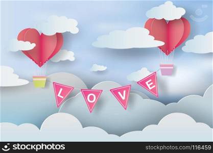 Paper art and craft of love Invitation card Valentine?s day with text love flag and ballon,clouds,pink heart. Vector