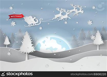 Paper art and craft of Merry Christmas and Happy New Year.illustration of Santa Claus on the sky with fullmoon