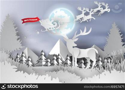 Paper art and craft of merry Christmas and happy new year with d. Paper art and craft of merry Christmas and happy new year with deer in the forest fullmoon.vector illustration. Paper art and craft of merry Christmas and happy new year with deer in the forest fullmoon.vector illustration