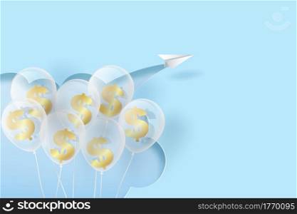 Paper art and craft of paper airplanes flying on blue sky and clouds, Creative design paper cut business success and balloons with dollar money concept idea,Your text space pastel background, Vector