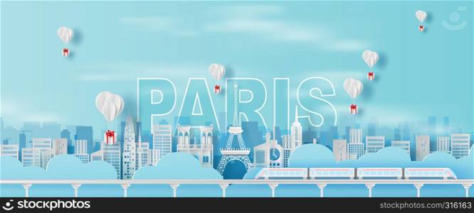 Paper art and craft of Traveling holiday Eiffel tower Paris city France,Travel holiday time transportation train landmarks city pastel color landscape concept, Balloon giftbox Float on air sky.vector.