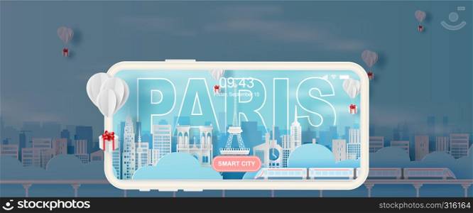 Paper art and craft of Traveling holiday Eiffel tower Paris city France,Travel holiday time transportation train landmarks smart city with smartphone concept, Balloon giftbox Float on air sky.vector.