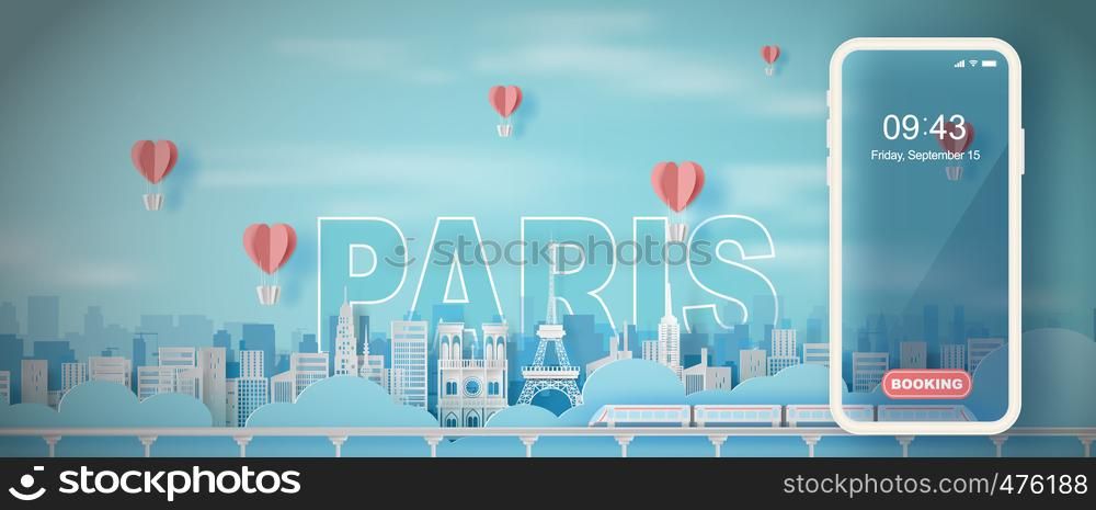 Paper art and craft of Traveling holiday Eiffel tower Paris city France,Travel holiday time transportation train landmarks city pastel color landscape concept, Balloon heart Float on air sky.vector.
