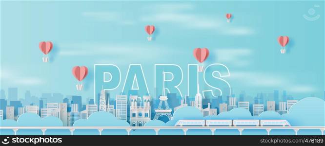 Paper art and craft of Traveling holiday Eiffel tower Paris city France,Travel holiday time transportation train landmarks city pastel color landscape concept, Balloon heart Float on air sky.vector.