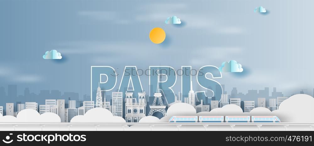 Paper art and craft of Traveling holiday Eiffel tower Paris city France,Travel holiday time transportation train landmarks city pastel color landscape concept,Creative paper cut illustration.vector.