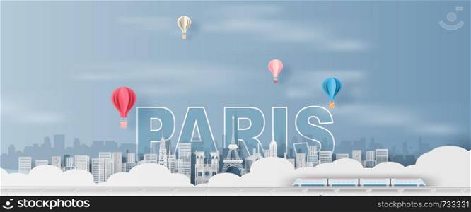 Paper art and craft of Traveling holiday Eiffel tower Paris city France,Travel holiday time transportation train landmarks city pastel color landscape concept,Creative paper cut balloon color.vector.