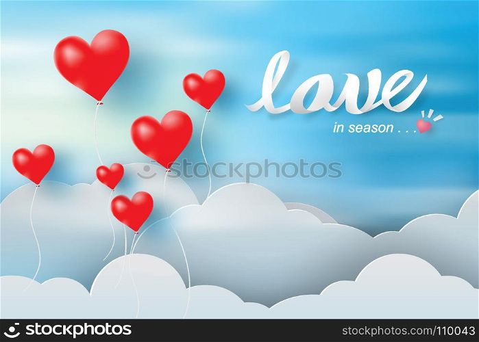 paper art and craft of valentine day with balloon red heart and cloud blue sky background,love,vector