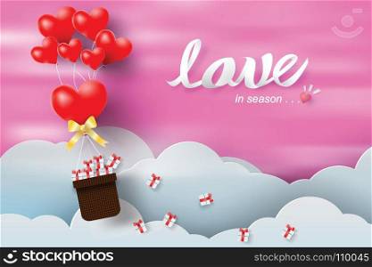 paper art and craft of valentine day with balloon red heart and blue sky background,gift,love,vector