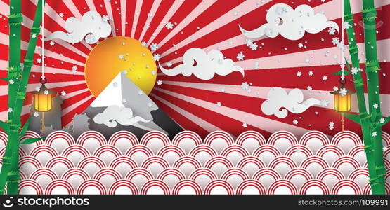 Paper art and craft of winter in Japan temple with clouds and sun background,fuji,mountain,vector