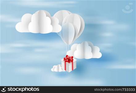 paper art and craft style of balloon white floating and Gift Box on in the air blue sky.Your text space background vector.Festival decorations for card concept.Christmas,vector. illustration. EPS10