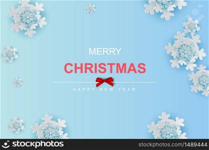 Paper art and craft style of Snowflakes for winter season with place text space blue background.wintertime Abstract Snowflakes for greeting card,Christmas poster,Paper cut style creative idea vector