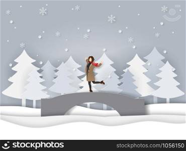 Paper art and craft style of winter season, A happy woman wearing clothes and scarf standing on the bridge with snowing, welcome winter season