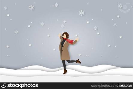 Paper art and craft style of winter season, A happy woman wearing clothes and scarf standing on snow floor with snowing, welcome winter season