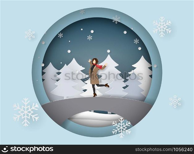 Paper art and craft style of winter season, A happy woman wearing clothes and scarf standing on the bridge with snowing, welcome winter season