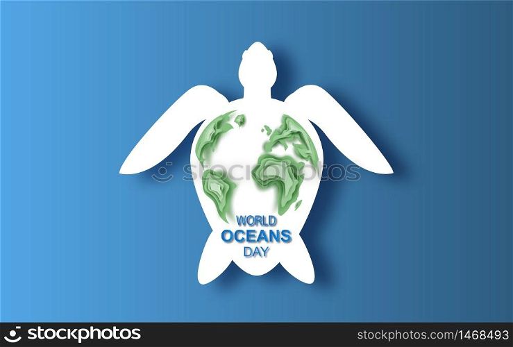 Paper art and cut concept of World Oceans Day. Celebration dedicated to help protect sea earth and conserve water ecosystem. Blue origami craft paper of sea waves.paper turtle banner poster.