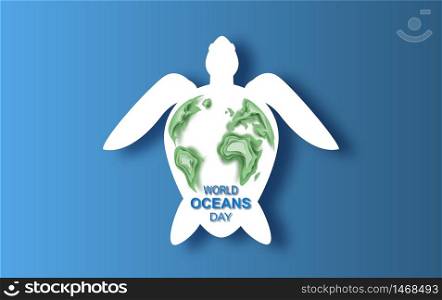 Paper art and cut concept of World Oceans Day. Celebration dedicated to help protect sea earth and conserve water ecosystem. Blue origami craft paper of sea waves.paper turtle banner poster.