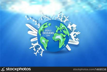 Paper art and cut concept of World Oceans Day. Celebration dedicated to help protect sea earth and conserve water ecosystem. Blue origami craft paper of sea waves.Underwater poster background vector.