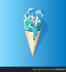 Paper art and cut style of World Oceans Day. Celebration dedicated to help protect sea earth and conserve water ecosystem. Blue tone origami craft paper of ice cream concept. fish and plants under sea