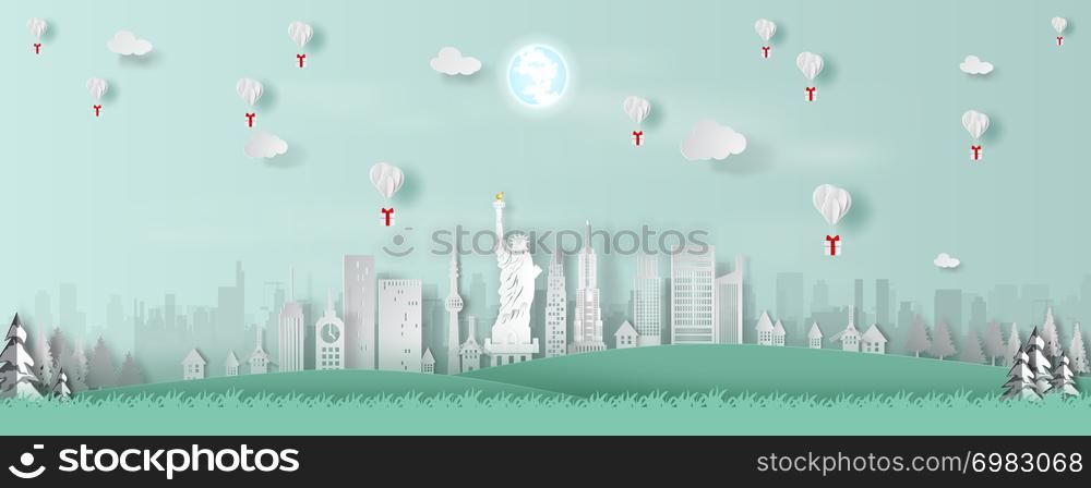 Paper art balloon gift of Panorama top world landmark city America travel.World famous countries America white paper cut style for travel holiday poster and postcard.Vector illustration pastel color
