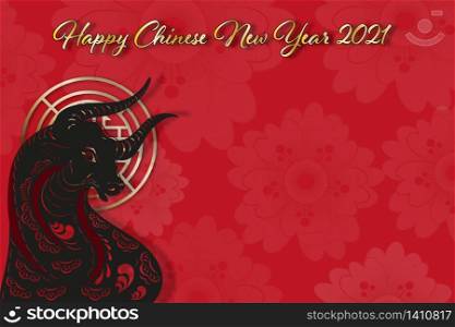 Paper art black bull with Happy chinese new year 2021 in gold with copy space, Zodiac sign,Year of ox on red background, Element design for chinese lunar zodiac collection