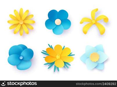 Paper art bouquets. Wild blue and yellow flowers. 3d beautiful floral origami decoration. Bright and pastel blossom for holiday celebration decor. Spring seasonal elements vector set. Paper art bouquets. Wild blue and yellow flowers. 3d beautiful floral origami decoration. Bright and pastel blossom