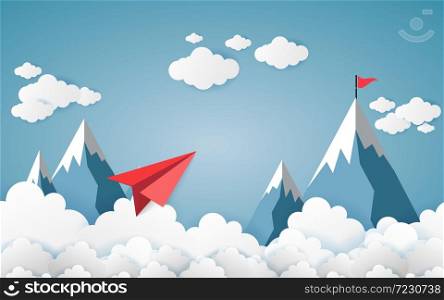 Paper art business concept with cloud and mountain , Plane flying on sky .design Vector