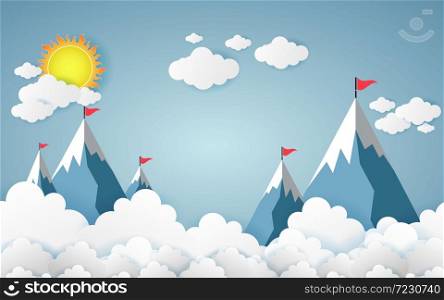 Paper art business concept with cloud and mountain , Plane flying on sky .design Vector