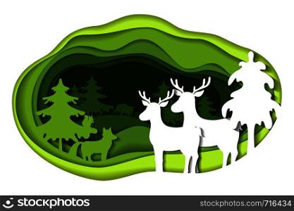 Paper art carving with green landscape with forest animals. Cut style. Vector illustration.. Paper art carving of landscape with forest animals.