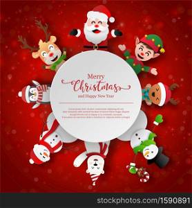 Paper art Christmas themed, Santa Claus and friends with copy space, Merry Christmas and Happy New Year