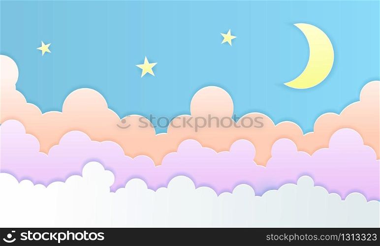 Paper art colorful fluffy clouds, moon and stars background. Modern origami paper art style. Vector illustration. Pastel colors. Paper art colorful fluffy clouds, moon and stars background