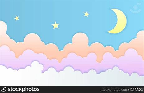 Paper art colorful fluffy clouds, moon and stars background. Modern origami paper art style. Vector illustration. Pastel colors. Paper art colorful fluffy clouds, moon and stars background